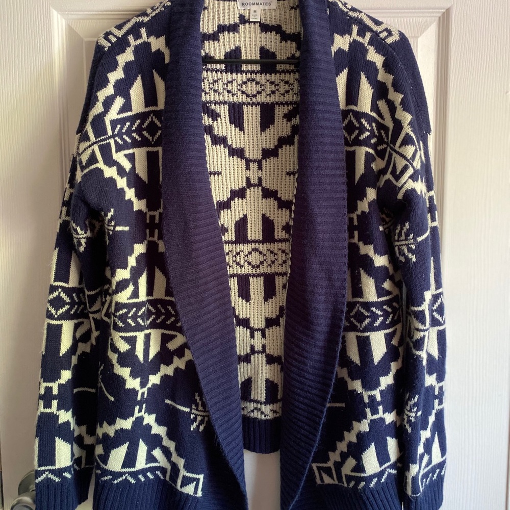 Tribal pattern navy blue and white cardigan